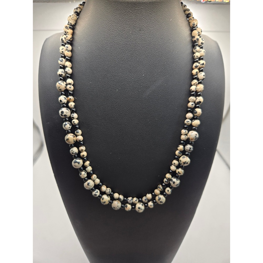 Dalmatian Jasper Black Onyx Beaded Necklace Set 2pc Toggle Clasp Boho Stone